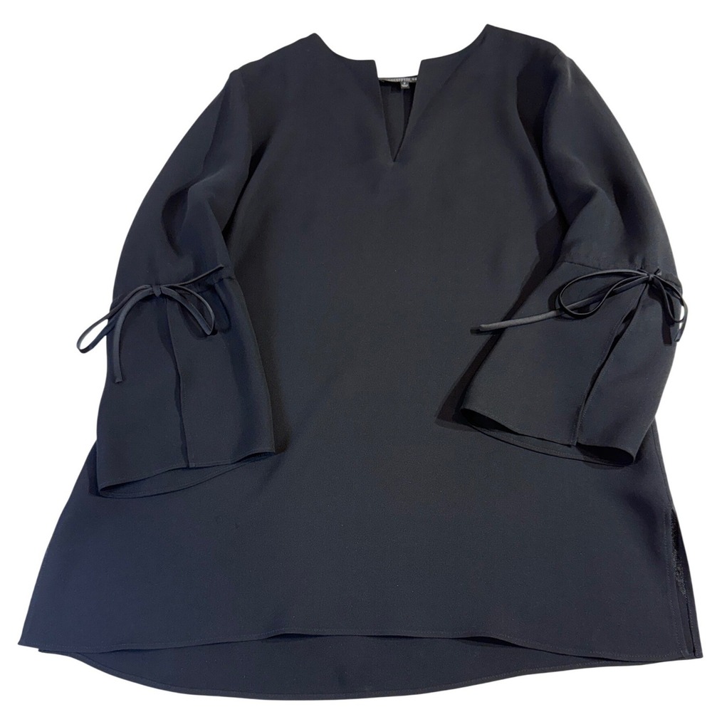 Lafayette 148 Crepe Blouse S Black Tie Bell Sleeve V Neck